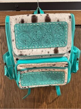 Western Linens Turquoise Cowhide Tooled Leather Backpack NWOT